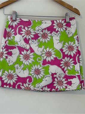 Lilly Pulitzer Reversible 2 in 1 Pink & Lime Floral Cat Print Mini Skirt NWT